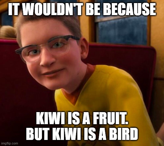 Know-It-All | IT WOULDN'T BE BECAUSE; KIWI IS A FRUIT. BUT KIWI IS A BIRD | image tagged in know-it-all | made w/ Imgflip meme maker