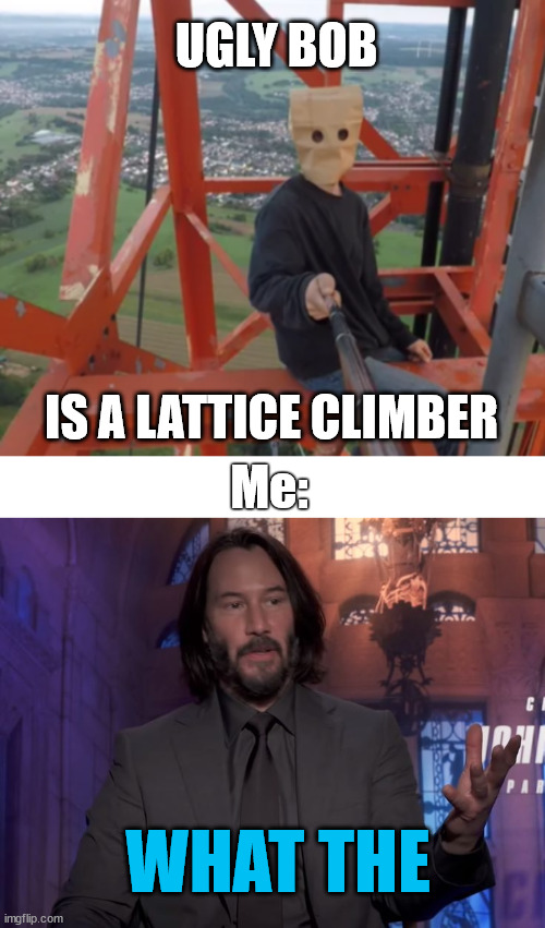 Ugly Bob | UGLY BOB; IS A LATTICE CLIMBER; Me:; WHAT THE | image tagged in john wick,south park,lattice climbing,tower,baghead,meme | made w/ Imgflip meme maker