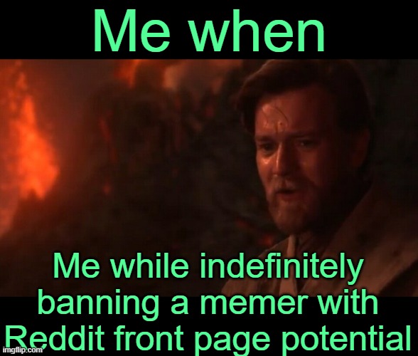 . | Me when; Me while indefinitely banning a memer with Reddit front page potential | image tagged in you were my brother anakin i loved you | made w/ Imgflip meme maker