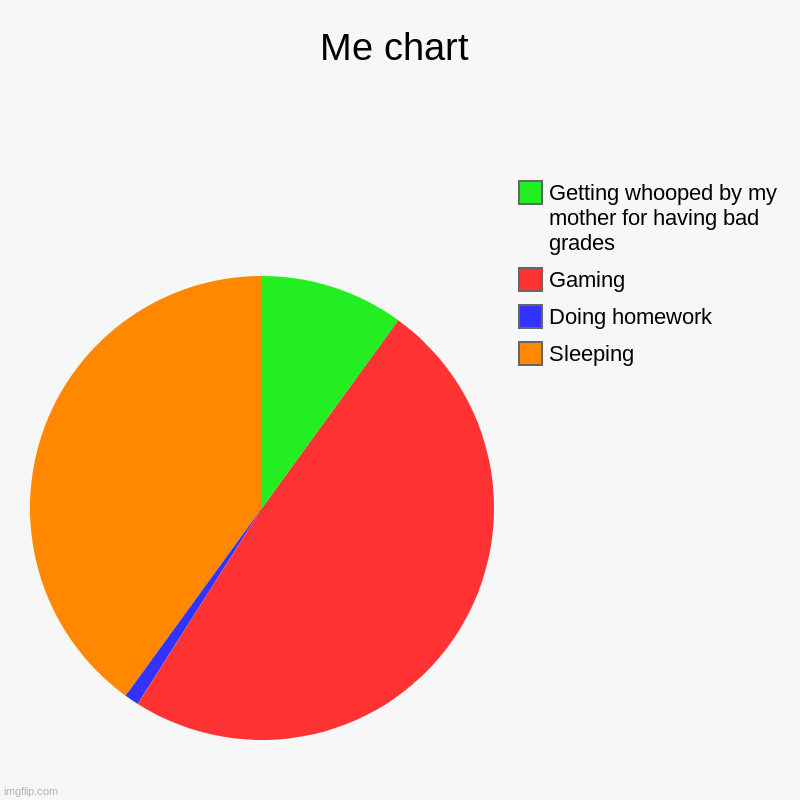 My time | Me chart | Sleeping, Doing homework, Gaming, Getting whooped by my mother for having bad grades | image tagged in charts,pie charts | made w/ Imgflip chart maker