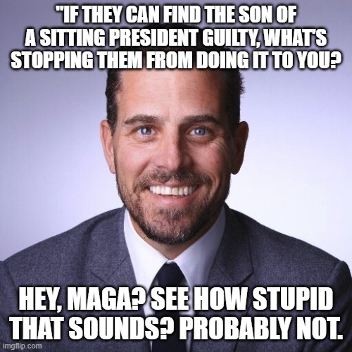 Hunter Biden | "IF THEY CAN FIND THE SON OF A SITTING PRESIDENT GUILTY, WHAT'S STOPPING THEM FROM DOING IT TO YOU? HEY, MAGA? SEE HOW STUPID THAT SOUNDS? PROBABLY NOT. | image tagged in hunter biden | made w/ Imgflip meme maker
