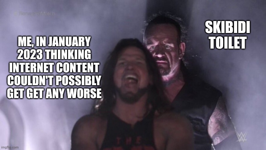 AJ Styles & Undertaker | SKIBIDI TOILET; ME, IN JANUARY 2023 THINKING INTERNET CONTENT COULDN'T POSSIBLY GET GET ANY WORSE | image tagged in aj styles undertaker,skibidi toilet,skibidi,gen alpha | made w/ Imgflip meme maker