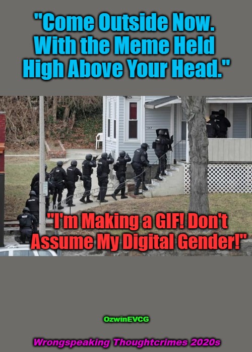 Wrongspeaking Thoughtcrimes 2020s | "Come Outside Now. 

With the Meme Held 

High Above Your Head."; "I'm Making a GIF! Don't 

Assume My Digital Gender!"; OzwinEVCG; Wrongspeaking Thoughtcrimes 2020s | image tagged in swat conga line,do they dance,cov1d984,tyranny,tragicomedy,brave coof world | made w/ Imgflip meme maker