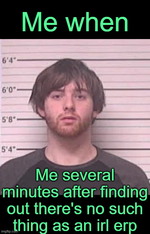 . | Me when; Me several minutes after finding out there's no such thing as an irl erp | image tagged in live lazy_mazy's mugshot reaction | made w/ Imgflip meme maker