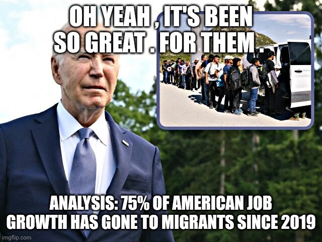 Joe biden | OH YEAH , IT'S BEEN SO GREAT . FOR THEM . ANALYSIS: 75% OF AMERICAN JOB GROWTH HAS GONE TO MIGRANTS SINCE 2019 | image tagged in illegal immigration | made w/ Imgflip meme maker