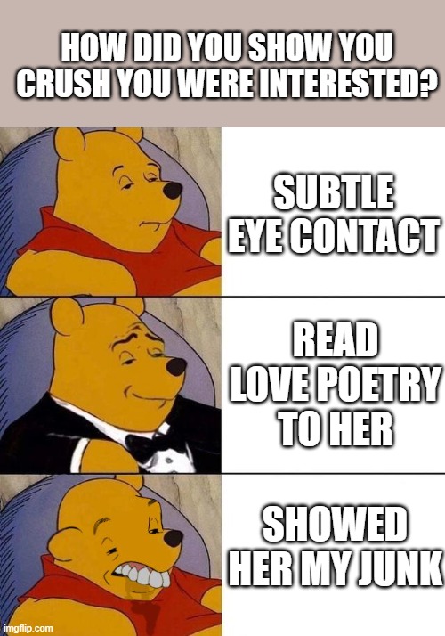 Best,Better, Blurst | HOW DID YOU SHOW YOU CRUSH YOU WERE INTERESTED? SUBTLE EYE CONTACT; READ LOVE POETRY TO HER; SHOWED HER MY JUNK | image tagged in best better blurst | made w/ Imgflip meme maker