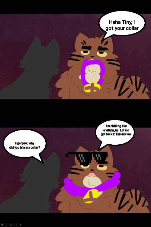 Tigerpaw be like | Haha Tiny, I got your collar; I'm chilling like a villain, ha! Let me get back to Thistleclaw; Tigerpaw, why did you take my collar? | image tagged in tigerpaw be like,warrior cats,cats,tigerstar,scourge | made w/ Imgflip meme maker