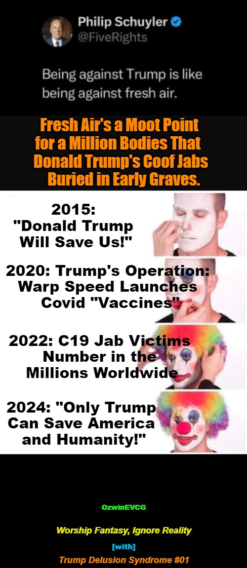 Reality, Fantasy; Derangement, Delusion | Fresh Air's a Moot Point   

for a Million Bodies That    

Donald Trump's Coof Jabs  

Buried in Early Graves. 2015: 

"Donald Trump 

Will Save Us!"; 2020: Trump's Operation: 

Warp Speed Launches 

Covid "Vaccines"; 2022: C19 Jab Victims 

Number in the 

Millions Worldwide; 2024: "Only Trump 

Can Save America 

and Humanity!"; OzwinEVCG; Worship Fantasy, Ignore Reality; [with]; Trump Delusion Syndrome #01 | image tagged in trump derangement syndrome,donald trump,trump delusion syndrome,shills,reality deniers,world occupied | made w/ Imgflip meme maker