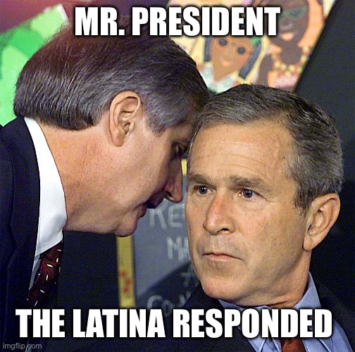 Latinas | MR. PRESIDENT; THE LATINA RESPONDED | image tagged in bush learning about 9/11 | made w/ Imgflip meme maker