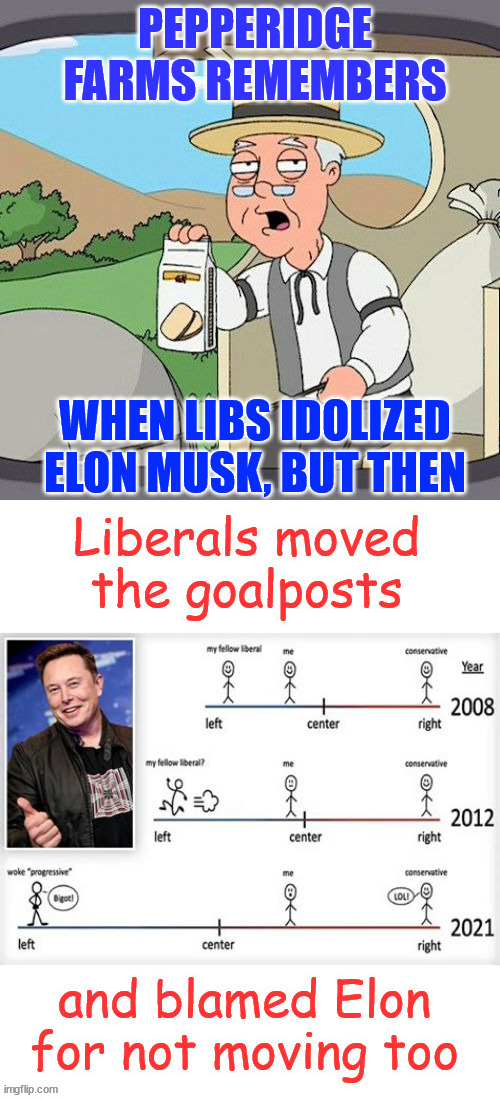 Libs HATE Elon for not moving with them farther to the left | PEPPERIDGE FARMS REMEMBERS; WHEN LIBS IDOLIZED ELON MUSK, BUT THEN | image tagged in memes,pepperidge farm remembers,when libs idolized elon musk,hate elon now,after they moved the goalposts | made w/ Imgflip meme maker