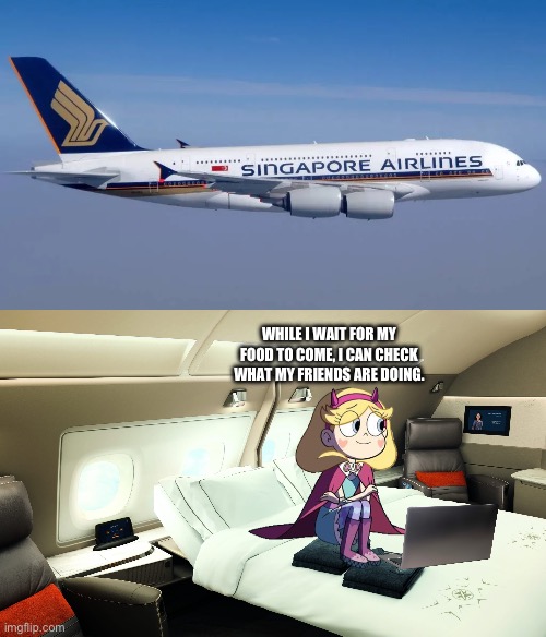 While Vector, Walter, & Pretztail are Fighting against Wheatley, Star is on a Flight to Singapore. | WHILE I WAIT FOR MY FOOD TO COME, I CAN CHECK WHAT MY FRIENDS ARE DOING. | image tagged in star butterfly,singapore | made w/ Imgflip meme maker