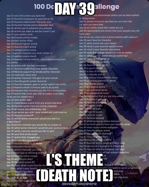 100 day anime challenge | DAY 39; L'S THEME (DEATH NOTE) | image tagged in 100 day anime challenge | made w/ Imgflip meme maker