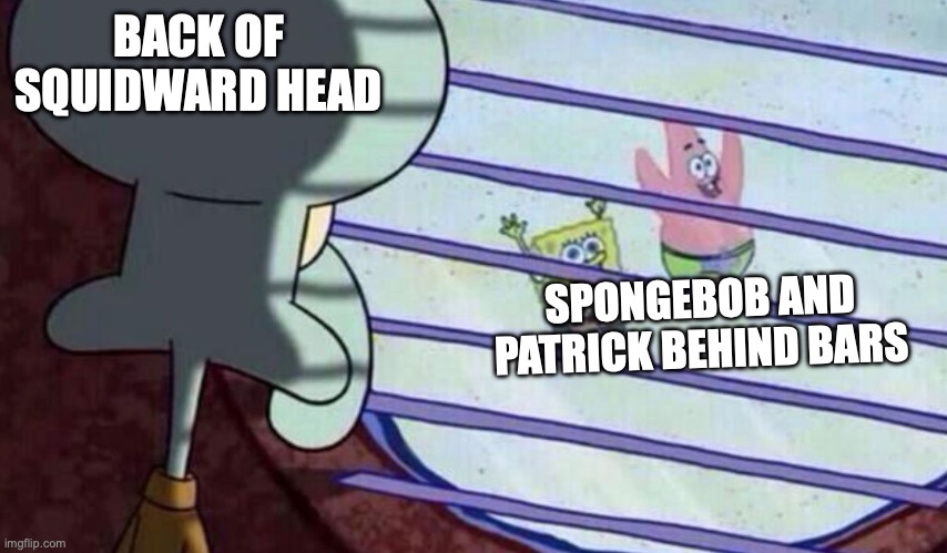 PLEASE UPVOTE | BACK OF SQUIDWARD HEAD; SPONGEBOB AND PATRICK BEHIND BARS | image tagged in spongebob looking out window | made w/ Imgflip meme maker