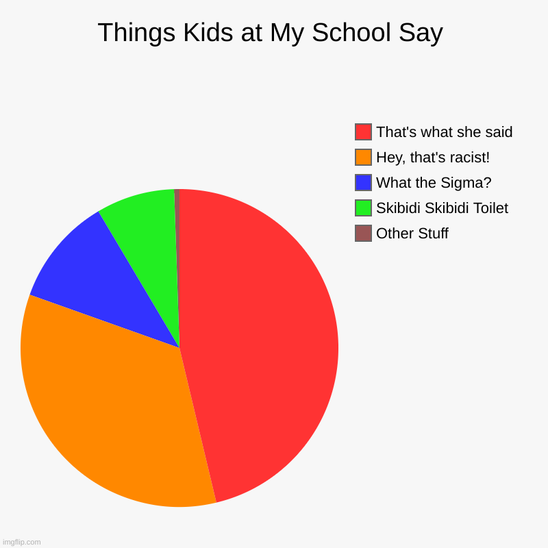Things Kids at My School Say | Other Stuff, Skibidi Skibidi Toilet, What the Sigma?, Hey, that's racist!, That's what she said | image tagged in charts,pie charts | made w/ Imgflip chart maker