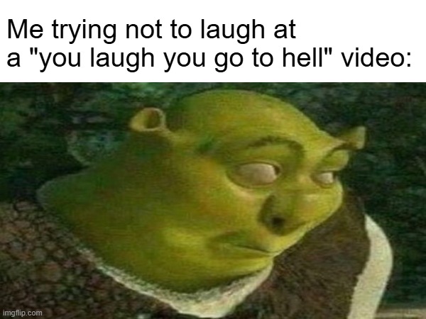 June 11, 2024 | Me trying not to laugh at a "you laugh you go to hell" video: | image tagged in memes,relatable,shrek,laughing | made w/ Imgflip meme maker