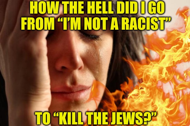Virtue Signaling | HOW THE HELL DID I GO FROM “I’M NOT A RACIST”; TO “KILL THE JEWS?” | image tagged in political memes,political correctness,racists,virtue signalling,college liberal | made w/ Imgflip meme maker