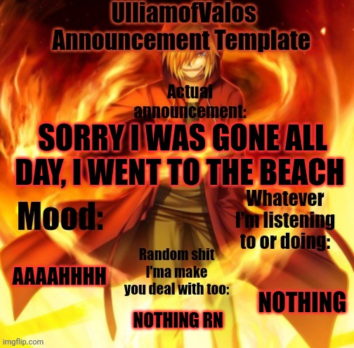 Rp with one of my OCS if you want | SORRY I WAS GONE ALL DAY, I WENT TO THE BEACH; AAAAHHHH; NOTHING; NOTHING RN | image tagged in ulliamofvalos announcement template | made w/ Imgflip meme maker