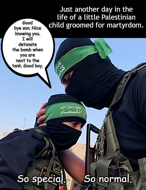 Darwin's niche | Just another day in the life of a little Palestinian child groomed for martyrdom. Good bye son. Nice knowing you.
I will detonate the bomb when you are next to the tank. Good boy. So special.      So normal. | image tagged in memes,israel,politics,hamas,west bank,hezbollah | made w/ Imgflip meme maker