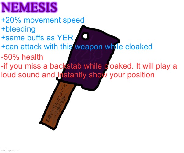 Tf2 weapon idea | NEMESIS; +20% movement speed
+bleeding
+same buffs as YER
+can attack with this weapon while cloaked; -50% health
-if you miss a backstab while cloaked. It will play a loud sound and instantly show your position | made w/ Imgflip meme maker