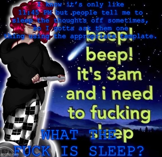 . | I know it’s only like 11:45 PM but people tell me to sleep the thoughts off sometimes, so I gotta ask them one thing using the appropriate template. WHAT THE FUCK IS SLEEP? | made w/ Imgflip meme maker
