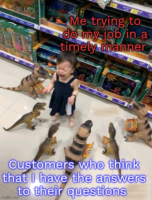 Some of them assume that I understand Spanish. | Me trying to do my job in a
timely manner; Customers who think that I have the answers
to their questions | image tagged in girl surrounded by toy dinosaurs,new job,i don't know,i'm tired boss | made w/ Imgflip meme maker