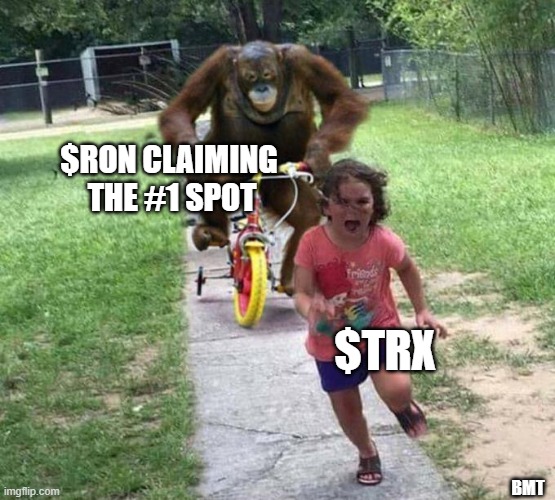 Number 1 DAU $RON | $RON CLAIMING 
THE #1 SPOT; $TRX; BMT | image tagged in orangutan chasing kid on tricycle,ronin network,tron,trx,ron | made w/ Imgflip meme maker