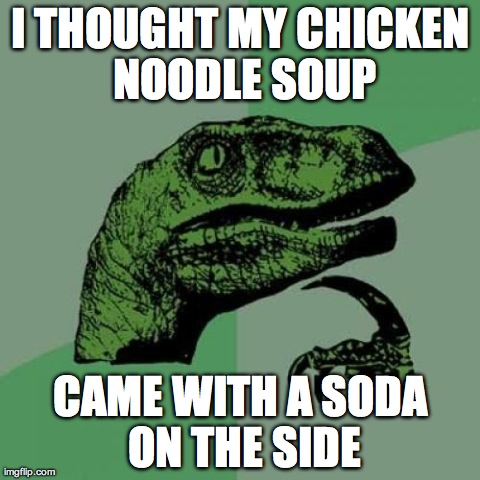 Philosoraptor | I THOUGHT MY CHICKEN NOODLE SOUP CAME WITH A SODA ON THE SIDE | image tagged in memes,philosoraptor | made w/ Imgflip meme maker