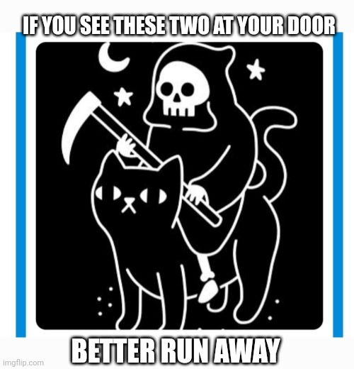 Kitty Reaper | IF YOU SEE THESE TWO AT YOUR DOOR; BETTER RUN AWAY | image tagged in burn kitty,crazy,kitty,reaper | made w/ Imgflip meme maker