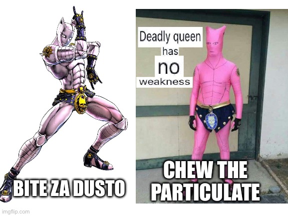 CHEW THE PARTICULATE; BITE ZA DUSTO | image tagged in jojo's bizarre adventure | made w/ Imgflip meme maker