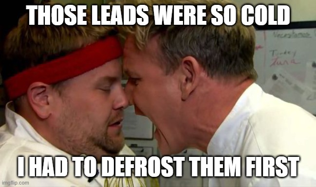 SALES - Cold Calling!!! | THOSE LEADS WERE SO COLD; I HAD TO DEFROST THEM FIRST | image tagged in gordon ramsay screaming | made w/ Imgflip meme maker