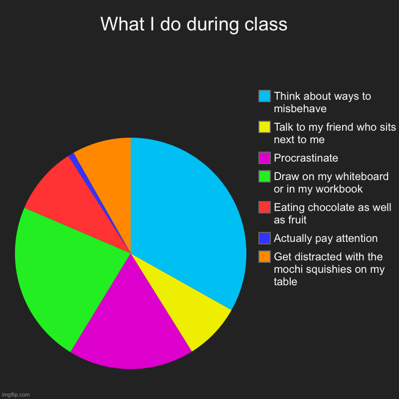 I am NOT a school enjoyer | What I do during class  | Get distracted with the mochi squishies on my table , Actually pay attention, Eating chocolate as well as fruit, D | image tagged in charts,pie charts,school | made w/ Imgflip chart maker