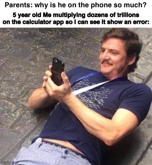 True? | Parents: why is he on the phone so much? 5 year old Me multiplying dozens of trillions on the calculator app so I can see it show an error: | image tagged in guy looking on phone | made w/ Imgflip meme maker