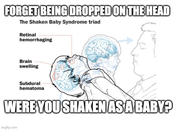 shaken baby syndrome (send this to people you think are dumb) | FORGET BEING DROPPED ON THE HEAD; WERE YOU SHAKEN AS A BABY? | image tagged in stupid people,stupid,baby | made w/ Imgflip meme maker