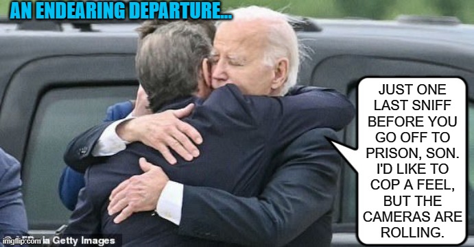 An Endearing Departure | AN ENDEARING DEPARTURE... JUST ONE
LAST SNIFF
BEFORE YOU
GO OFF TO
PRISON, SON.
I'D LIKE TO
COP A FEEL,
BUT THE
CAMERAS ARE
ROLLING. | image tagged in biden | made w/ Imgflip meme maker