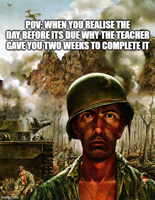 Homework like | POV: WHEN YOU REALISE THE DAY BEFORE ITS DUE WHY THE TEACHER GAVE YOU TWO WEEKS TO COMPLETE IT | image tagged in thousand yard stare | made w/ Imgflip meme maker
