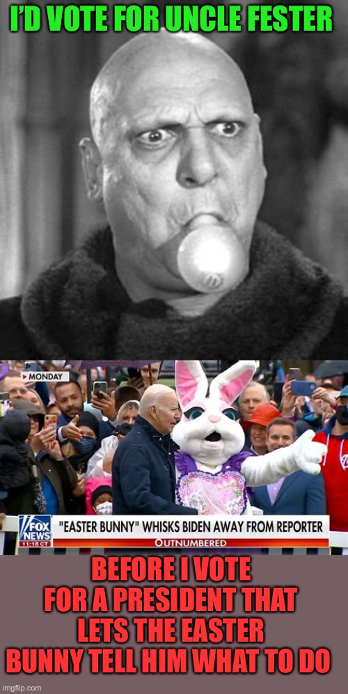 A vote for Biden is a vote for the Easter Bunny. | I’D VOTE FOR UNCLE FESTER; BEFORE I VOTE FOR A PRESIDENT THAT LETS THE EASTER BUNNY TELL HIM WHAT TO DO | image tagged in uncle fester lightbulb,biden,easter bunny,vote | made w/ Imgflip meme maker