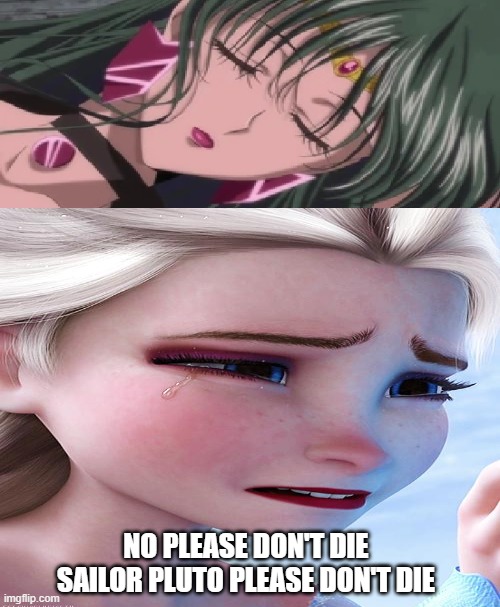 elsa crying over sailor pluto's death | NO PLEASE DON'T DIE SAILOR PLUTO PLEASE DON'T DIE | image tagged in sailor pluto dies meme,pluto,elsa,frozen,anime meme,sailor moon | made w/ Imgflip meme maker