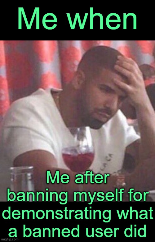 Drake upset | Me when Me after banning myself for demonstrating what a banned user did | image tagged in drake upset | made w/ Imgflip meme maker