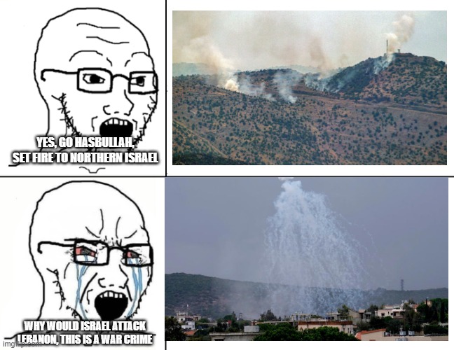 Pro Palestinians never fail to show their true mentality, honestly, let arrogance be their down fall | YES, GO HASBULLAH, SET FIRE TO NORTHERN ISRAEL; WHY WOULD ISRAEL ATTACK LEBANON, THIS IS A WAR CRIME | image tagged in soyboy reaction mad cry,israel,fire | made w/ Imgflip meme maker