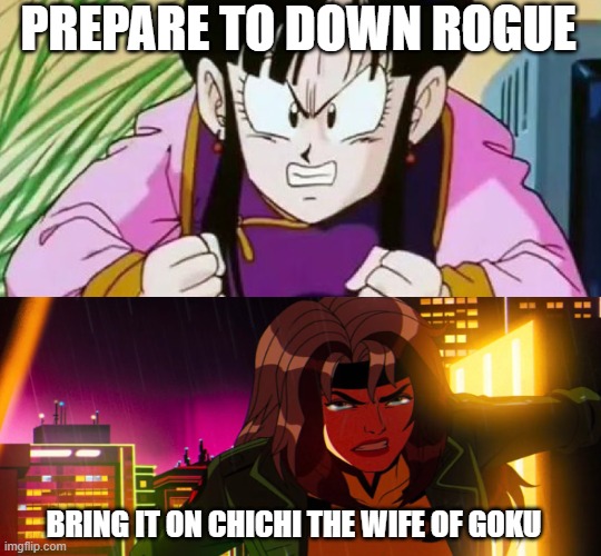 chichi vs rogue | PREPARE TO DOWN ROGUE; BRING IT ON CHICHI THE WIFE OF GOKU | image tagged in chi chi angry,x-men,dragon ball z,anime,battle,animeme | made w/ Imgflip meme maker