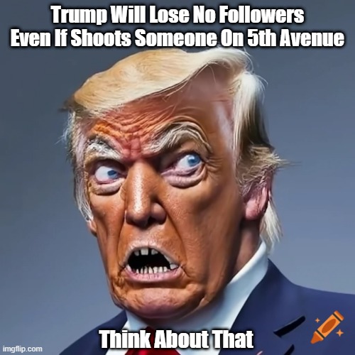 Trump Will Lose No Voters Even If He Shoots Someone On 5th Avenue. Think About That | Trump Will Lose No Followers Even If Shoots Someone On 5th Avenue; Think About That | image tagged in trump,mad man,madman,shoot someone on 5th avenue,going to prison if he loses in november | made w/ Imgflip meme maker