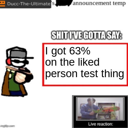 Im cool :3 | I got 63% on the liked person test thing | image tagged in ducc's newest announcement temp | made w/ Imgflip meme maker