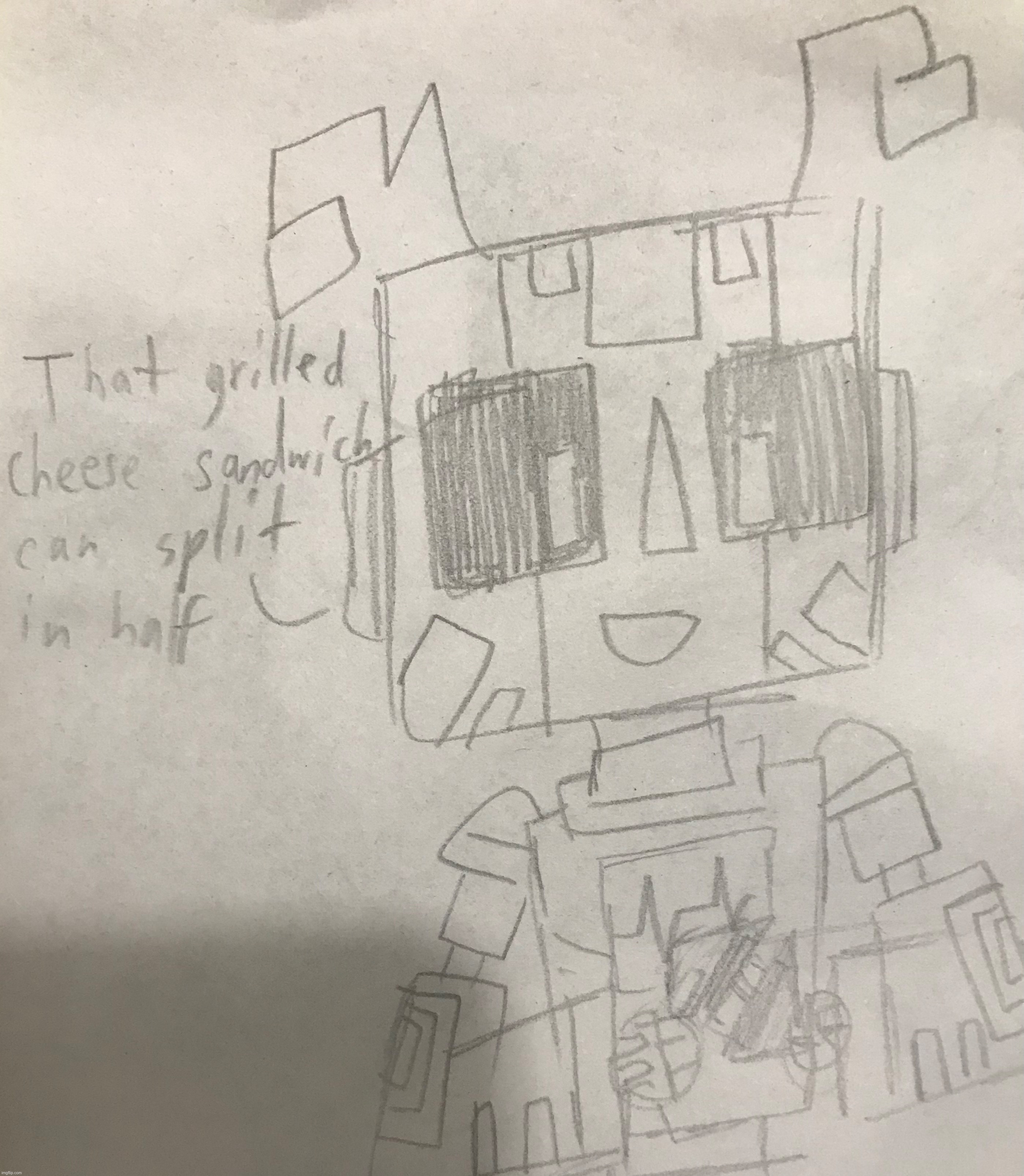 Zerobot has to split a grilled cheese sandwich in half (skull requested it) | image tagged in zerobot,grilled cheese | made w/ Imgflip meme maker