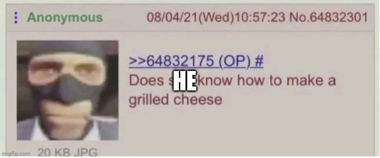 Does she know how to make a grilled cheese | HE | image tagged in does she know how to make a grilled cheese | made w/ Imgflip meme maker