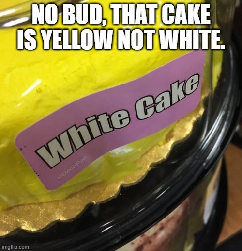that cake is yellow not white ( mod note: not when I’m done with it) | NO BUD, THAT CAKE IS YELLOW NOT WHITE. | image tagged in you had one job | made w/ Imgflip meme maker