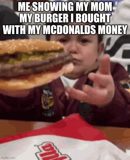 burger | ME SHOWING MY MOM MY BURGER I BOUGHT WITH MY MCDONALDS MONEY | image tagged in burger | made w/ Imgflip meme maker