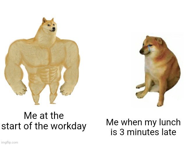 Help meeeee I'm so hungryyyy | Me at the start of the workday; Me when my lunch is 3 minutes late | image tagged in memes,buff doge vs cheems,work | made w/ Imgflip meme maker