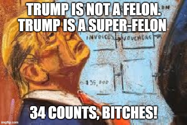 Felon Donald Trump | TRUMP IS NOT A FELON. TRUMP IS A SUPER-FELON; 34 COUNTS, BITCHES! | image tagged in donald trump,convicted felon,trump,republicans,conservatives | made w/ Imgflip meme maker