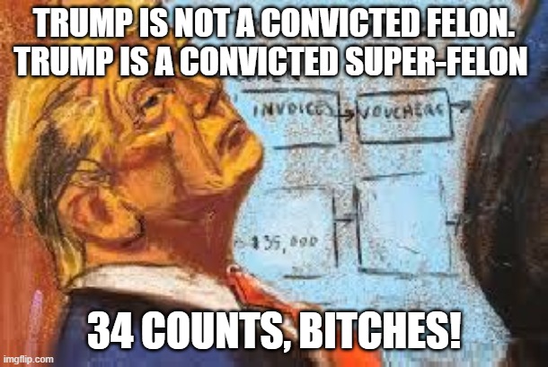 Convicted Felon Donald Trump | TRUMP IS NOT A CONVICTED FELON. TRUMP IS A CONVICTED SUPER-FELON; 34 COUNTS, BITCHES! | image tagged in donald trump,conservatives,republicans,president,maga | made w/ Imgflip meme maker