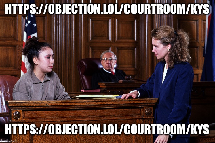 Courtroom | HTTPS://OBJECTION.LOL/COURTROOM/KYS; HTTPS://OBJECTION.LOL/COURTROOM/KYS | image tagged in courtroom | made w/ Imgflip meme maker